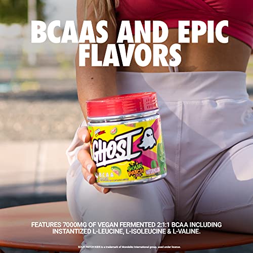 GHOST BCAA Amino Acids, Sour Patch Kids Redberry - 30 Servings - Sugar-Free Intra and Post Workout Powder & Recovery Drink, 7g BCAA – Supports Muscle Growth & Endurance- Soy & Gluten-Free, Vegan