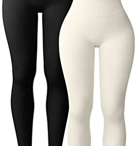 OQQ Women's 2 Piece Yoga Leggings Ribbed Seamless Workout High Waist Athletic Pants Black Beige