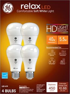 ge relax led light bulbs, 40 watt eqv, soft white hd light, a19 standard bulbs (4 pack)