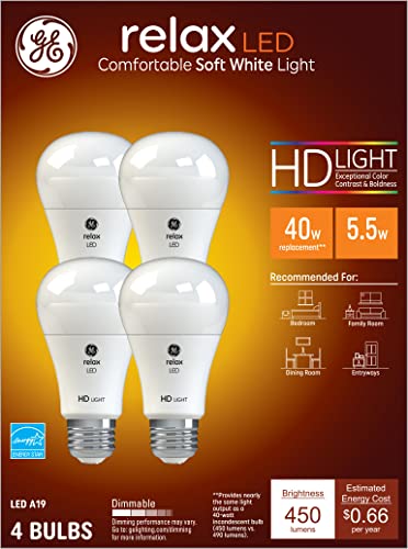 GE Relax LED Light Bulbs, 40 Watt Eqv, Soft White HD Light, A19 Standard Bulbs (4 Pack)