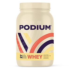 podium nutrition, whey protein powder, maple butter pancake, 27 servings, 25g of whey protein per serving, gluten free, soy free