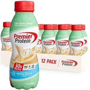 premier protein shake, cake batter, 30g protein, 1g sugar, 24 vitamins & minerals, nutrients to support immune health, 11.5 fl oz, 12 count