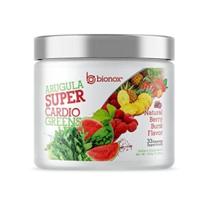 arugula super cardio greens natural preworkout, cardio support with 33 superfoods barley grass, broccoli, moringa, beets, prebiotics, probiotics, spirulina, powder drink mix, berry 30 days