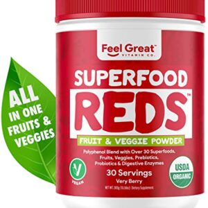 Superfood Reds Powder Fruit & Veggie Powder by Feel Great Vitamin Co. | Reds Superfood Powder with Beet Root Powder, Polyphenols, & Enzymes | Fruit Vegetable Supplements | Berry Flavor, (30 Servings)