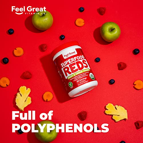 Superfood Reds Powder Fruit & Veggie Powder by Feel Great Vitamin Co. | Reds Superfood Powder with Beet Root Powder, Polyphenols, & Enzymes | Fruit Vegetable Supplements | Berry Flavor, (30 Servings)