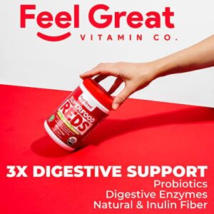 Superfood Reds Powder Fruit & Veggie Powder by Feel Great Vitamin Co. | Reds Superfood Powder with Beet Root Powder, Polyphenols, & Enzymes | Fruit Vegetable Supplements | Berry Flavor, (30 Servings)