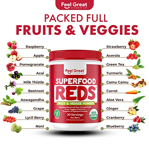 Superfood Reds Powder Fruit & Veggie Powder by Feel Great Vitamin Co. | Reds Superfood Powder with Beet Root Powder, Polyphenols, & Enzymes | Fruit Vegetable Supplements | Berry Flavor, (30 Servings)