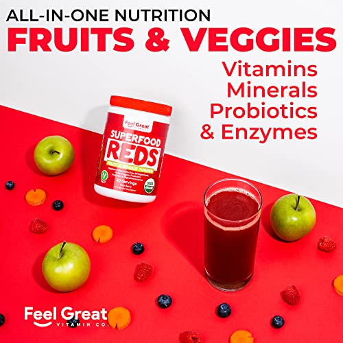 Superfood Reds Powder Fruit & Veggie Powder by Feel Great Vitamin Co. | Reds Superfood Powder with Beet Root Powder, Polyphenols, & Enzymes | Fruit Vegetable Supplements | Berry Flavor, (30 Servings)