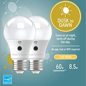 GE LED+ Dusk to Dawn LED Light Bulbs with Sunlight Sensors, Automatic On/Off Light Sensing Bulb, Soft White, A19 Bulbs (2 Pack)