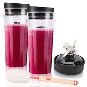 single serve 16 oz blender cups & 6 fins blender blade assembly replacement parts compatible w/nutri ninja bl770 bl771 bl772 bl740 bl780 bl660 bl663 professional smoothie blender | 2 cups & 1 blade