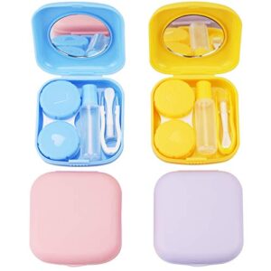 qvvq 4pcs contact lens case, colorful contact lens box holder container, outdoor mini contact lens soak storage kit with mirror for travel&home (yellow, pink, blue purple)