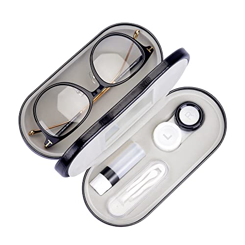 Muf 2 in 1 Double Sided Portable Contact Lens Case and Glasses Case,Dual Use Design with Built-in Mirror, Tweezer and Contact Lens Solution Bottle Included for Travel Kit