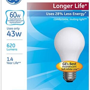 GE Lighting A19 Incandescent Halogen Light Bulbs, 43-Watt, Soft White Finish, 60-Watt Replacement, 620-Lumen, Medium Base, 4-Pack