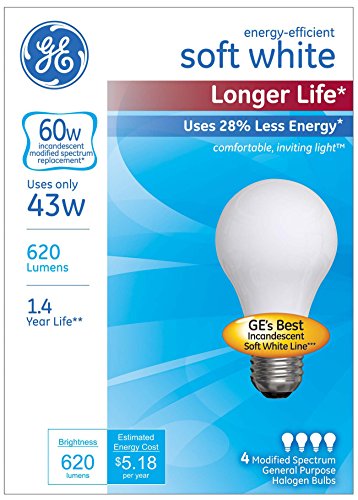 GE Lighting A19 Incandescent Halogen Light Bulbs, 43-Watt, Soft White Finish, 60-Watt Replacement, 620-Lumen, Medium Base, 4-Pack