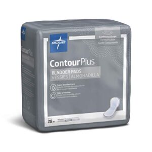 medline contourplus bladder control incontinence pads, maximum absorbency, 6.5″ x 13.5″, 28 count (pack of 6)