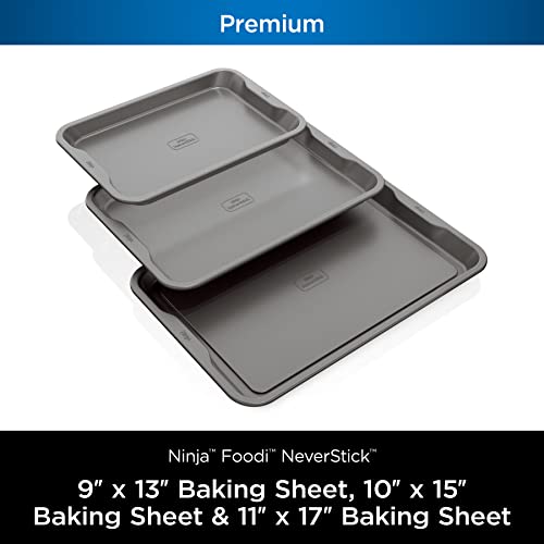 Ninja B33003 Foodi NeverStick Premium 3-Piece Baking Sheet Set, Nonstick, Oven Safe up to 500⁰F, with 9 x 13 inch Sheet, 10 x 15 inch Sheet & 11 x 17 inch Sheet, Dishwasher Safe, Grey