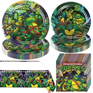 ninja turtle birthday party supplies, teenage mutant ninja theme tableware set include 1 tablecloth, 10pcs plates 7″,10pcs plates 9″ and 20 napkins for boys birthday party supplies