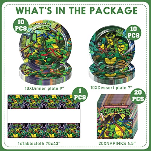 Ninja Turtle Birthday Party Supplies, Teenage Mutant Ninja Theme Tableware Set Include 1 Tablecloth, 10pcs Plates 7",10pcs Plates 9" and 20 Napkins for Boys Birthday Party Supplies