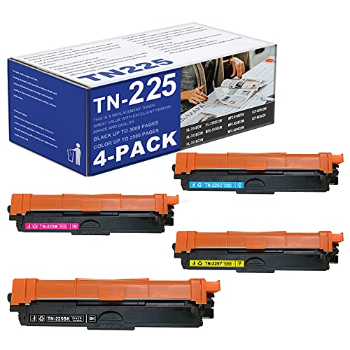 4 Pack TN225BK TN225C TN225M TN225Y TN225 TN-225 High Yield Toner Cartridge Replacement for Brother HL-3140CW 3180CDW 3170CDW 3150CDN MFC-9130CW 9140CDN 9330CDW 9340CDW Printer Toner (1BK+1C+1M+1Y).