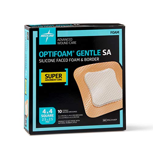 Medline Optifoam Gentle Silicone Faced Foam Dressing, Super Absorbent, 4x4 (Pack of 10)