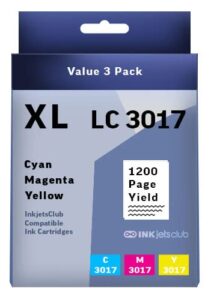 inkjetsclub compatible lc 3017 / lc 3019 xl. high yield cartridges for brother lc 3017 / lc 3019 printer ink. 3 pack (cyan, magenta, yellow)
