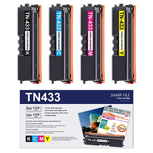 HIYOTA TN433 Compatible TN-433BK TN-433C TN-433M TN-433Y High Yield Toner Cartridge Set Replacement for Brother TN433 HL-L8360CDWT L9310CDW MFC-L8900CDW Series Printer (4 Pack ,1BK/1C/1M/1Y)