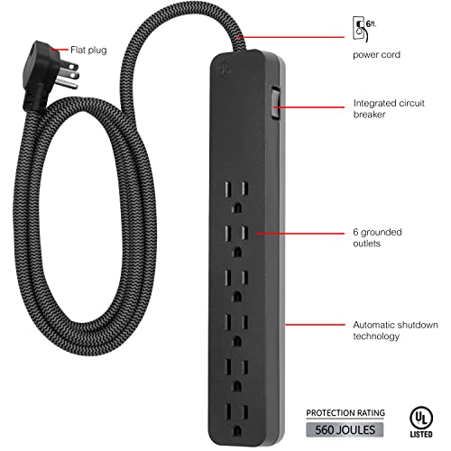 GE UltraPro 6-Outlet Surge Protector, 6 Ft Designer Braided Extension Cord, 560 Joules, Flat Plug, Wall Mount, UL Listed, Black, 45271