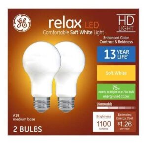 ge relax 75-watt eq a19 soft white dimmable led light bulb (2-pack)