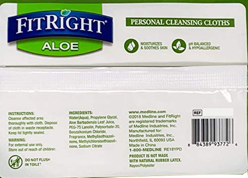 Medline FitRight Aloe Personal Cleansing Cloth Wipes, Scented, Pack of 48, 8 x 12 inch Adult Large Incontinence Wipes