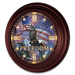 the bradford exchange soaring freedom outdoor illuminated atomic wall clock featuring a glass-encased face with roman numerals & patriotic eagle art by artist ted blaylock