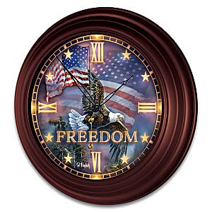 The Bradford Exchange Soaring Freedom Outdoor Illuminated Atomic Wall Clock Featuring A Glass-Encased Face with Roman Numerals & Patriotic Eagle Art by Artist Ted Blaylock