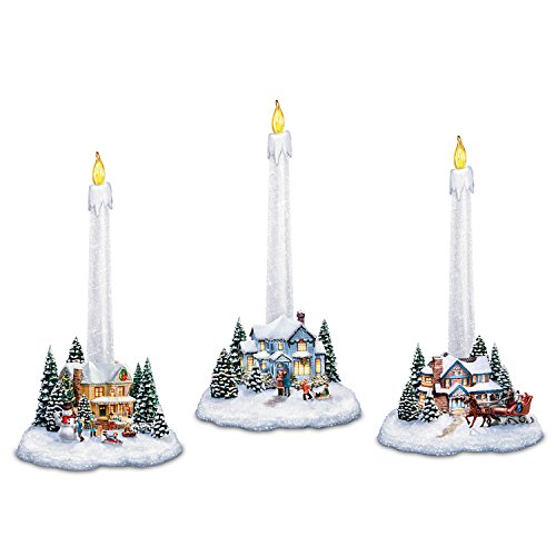 Thomas Kinkade Holiday Lights, Spirits Bright Village Candleholders with Flameless Candles by The Bradford Exchange