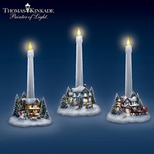 Thomas Kinkade Holiday Lights, Spirits Bright Village Candleholders with Flameless Candles by The Bradford Exchange