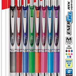 Pentel EnerGel RTX Retractable Liquid Gel Pen, (0.7mm) Metal Tip, Medium Line,Assorted Ink, 8-Pk (BL77BP8M1)