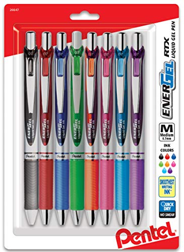 Pentel EnerGel RTX Retractable Liquid Gel Pen, (0.7mm) Metal Tip, Medium Line,Assorted Ink, 8-Pk (BL77BP8M1)