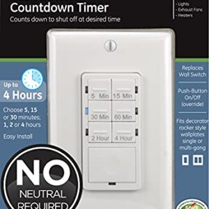 GE Push-Button Countdown Timer Switch, 5-15-30 Minute/1-2-4 Hour, ON/Off, No Neutral Wire Needed, Ideal for Lights, Exhaust Fans, Heaters, Wall Plate Included, 15318 , White