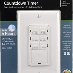 GE Push-Button Countdown Timer Switch, 5-15-30 Minute/1-2-4 Hour, ON/Off, No Neutral Wire Needed, Ideal for Lights, Exhaust Fans, Heaters, Wall Plate Included, 15318 , White