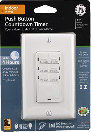 GE Push-Button Countdown Timer Switch, 5-15-30 Minute/1-2-4 Hour, ON/Off, No Neutral Wire Needed, Ideal for Lights, Exhaust Fans, Heaters, Wall Plate Included, 15318 , White