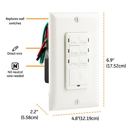 GE Push-Button Countdown Timer Switch, 5-15-30 Minute/1-2-4 Hour, ON/Off, No Neutral Wire Needed, Ideal for Lights, Exhaust Fans, Heaters, Wall Plate Included, 15318 , White