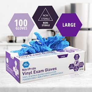 Med PRIDE NitriPride Nitrile-Vinyl Blend Exam Gloves, Large 100 - Powder Free, Latex Free & Rubber Free - Single Use Non-Sterile Protective Gloves for Medical Use, Cooking, Cleaning & More