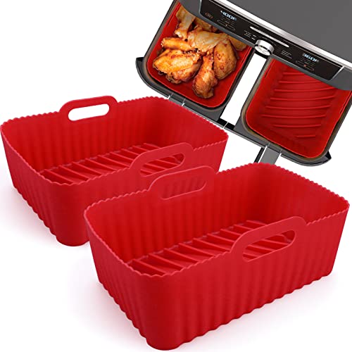 WMKGG Silicone Air Fryer Liners, 2 Pcs Reusable Rectangular Air Fryer Silicone Pot for Ninja Foodi DZ201/DZ401 Dualzone 6QT Pot and Above, (8.3x5.3'' Red)