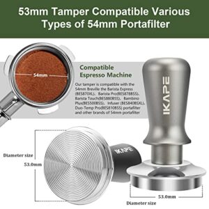 IKAPE 53mm Espresso Tamper, Premium Barista Coffee Tamper with Calibrated Spring Loaded, 100% Flat Stainless Steel Base Tamper Fits for Breville Series 54mm Portafilter Basket