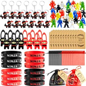 84 pcs ninja party favors include 12 stretchy flying ninjas, 24 mini ninja figurines, 12 ninja silicone wristbands, 12 ninja keychains, 12 red and black organza bags and 12 gift tags for birthday