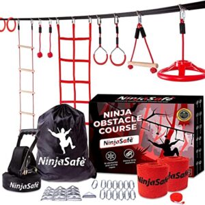 Ninja Obstacle Course for Kids Backyard - 10 Durable Obstacles and 50' Slackline - Outdoor Playset Equipment for Girls & Boys with Climbing Net & Ladder, Wheel, Warrior Gymnastics & Monkey Bars