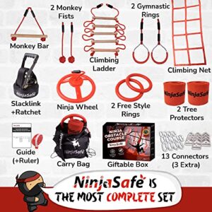 Ninja Obstacle Course for Kids Backyard - 10 Durable Obstacles and 50' Slackline - Outdoor Playset Equipment for Girls & Boys with Climbing Net & Ladder, Wheel, Warrior Gymnastics & Monkey Bars