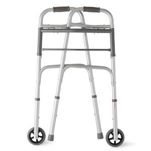 Medline Two-Button Folding Walker with Wheels, Metallic, 1 Count