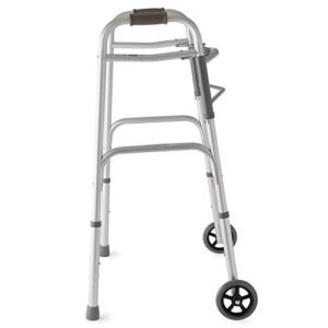 Medline Two-Button Folding Walker with Wheels, Metallic, 1 Count