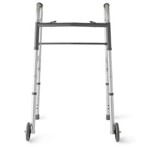 Medline Two-Button Folding Walker with Wheels, Metallic, 1 Count