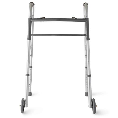 Medline Two-Button Folding Walker with Wheels, Metallic, 1 Count