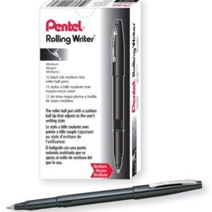 Pentel Rolling Writer Pen, 0.8 Millimeter Cushion Ball Tip, Black Ink, 12 pens (R100-A)